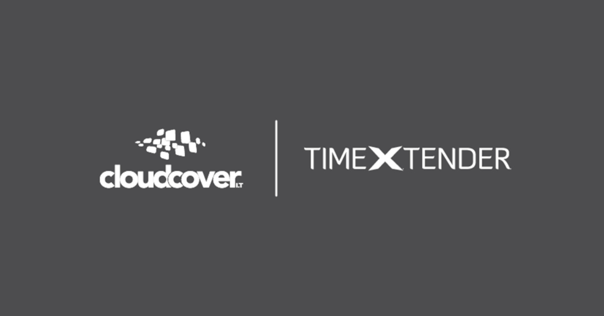 The Cloud Cover IT and TimeXtender white logos against a grey backdrop