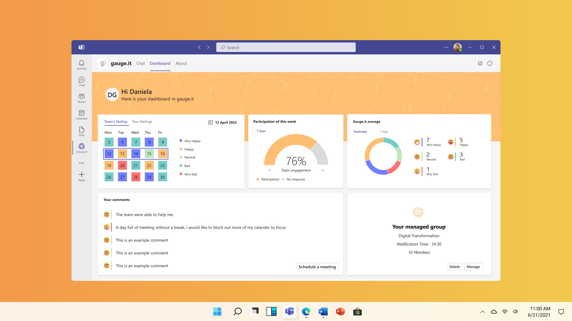 Screenshot of the gauge.it dashboard within Microsoft Teams. The dashboard presents a summary of the team leader's team members moods over a period of time.