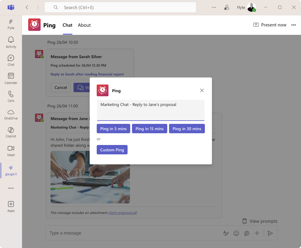 Ping makes follow-ups in Microsoft Teams easy — schedule chat and conversation reminders with just a click
